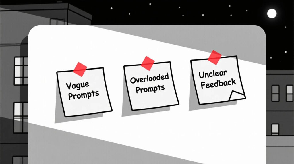 Three common AI prompting pitfalls illustrated on sticky notes: vague prompts, overloaded prompts, and unclear feedback