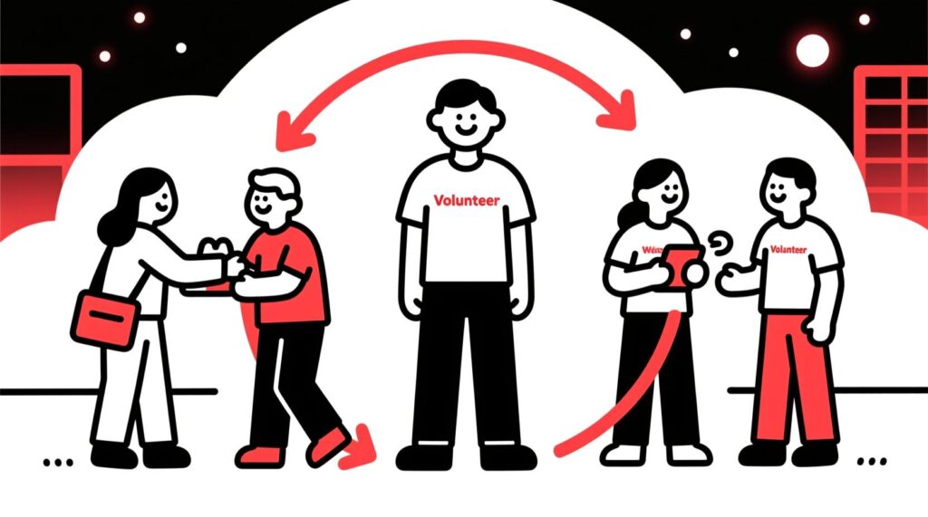 Canadian AI Guy illustration of a volunteer coordinator and volunteers in a circular flow, symbolizing the self-reinforcing cycle of a strong volunteer program.