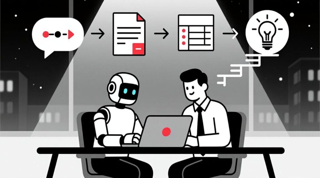 Business owner collaborating with an AI assistant, using four practical follow-up techniques: refine tone, add/remove info, change format, and review step-by-step reasoning.