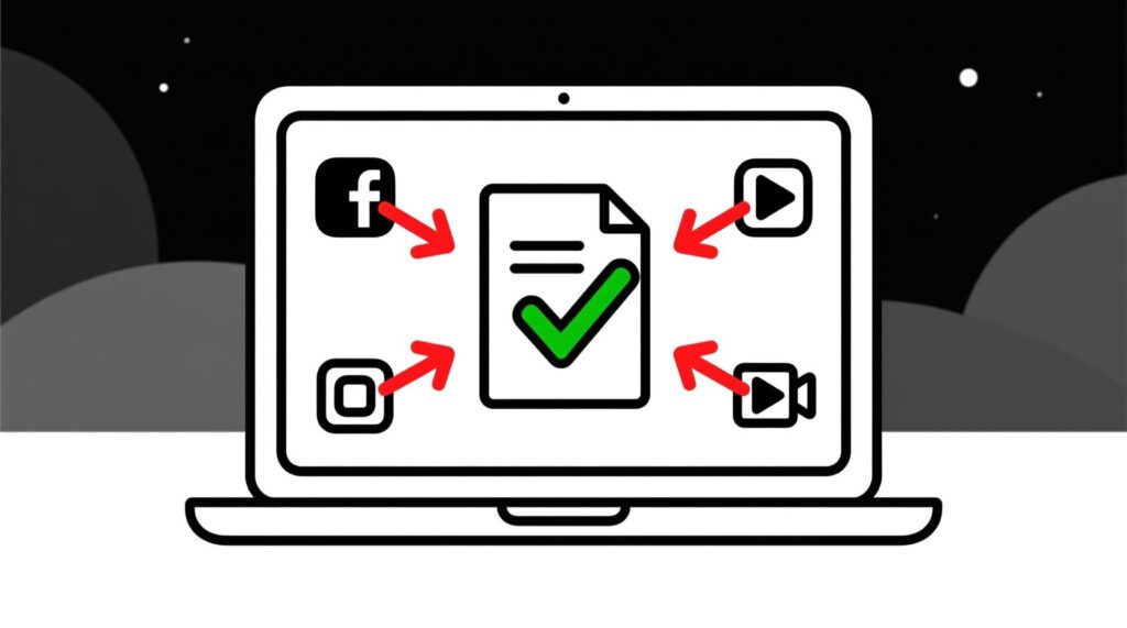 Illustration of one polished email branching out into social media posts, blog ideas, and a video script, showing how a single draft can be remixed into multiple pieces of marketing content.