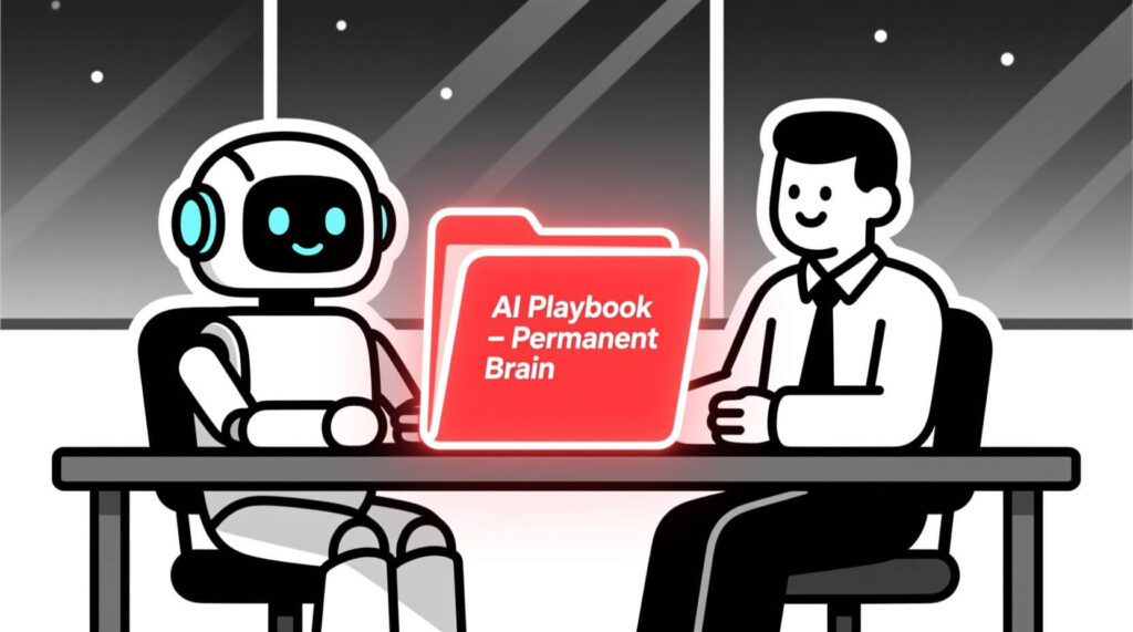 Illustration of a business owner and AI assistant setting up “Custom Instructions” as a permanent brain for their business.