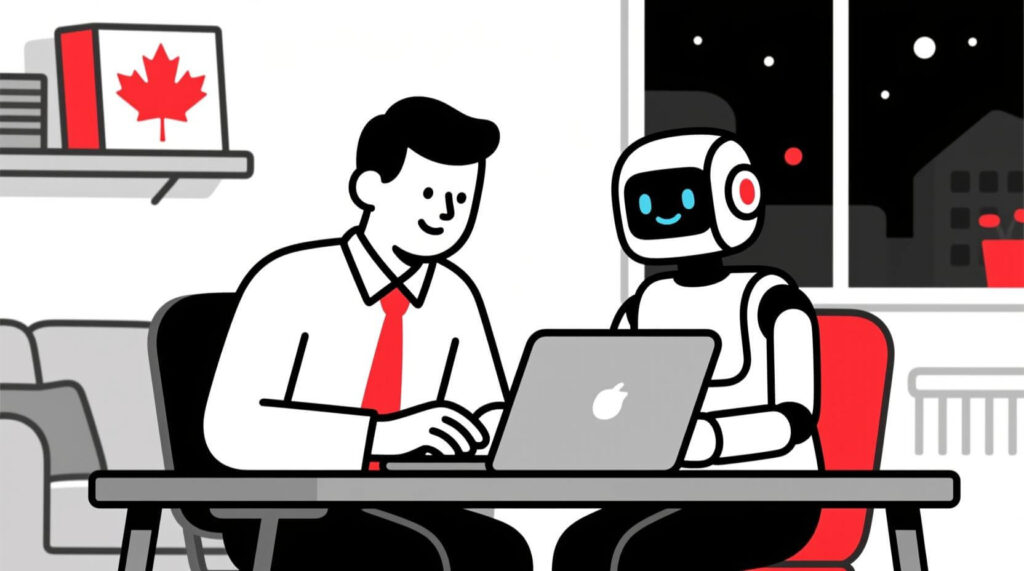 A Canadian small business owner working side by side with a friendly AI assistant at a laptop.